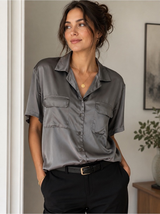 august silk Tops - August Silk Brand  Silk Short-Sleeve Button-Down Blouse in Charcoal